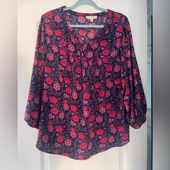 Skies Are Blue Curvy Floral Peasant Blouse Boho Split Neck Long Sleeve Top Sz 1X - Picture 3 of 7